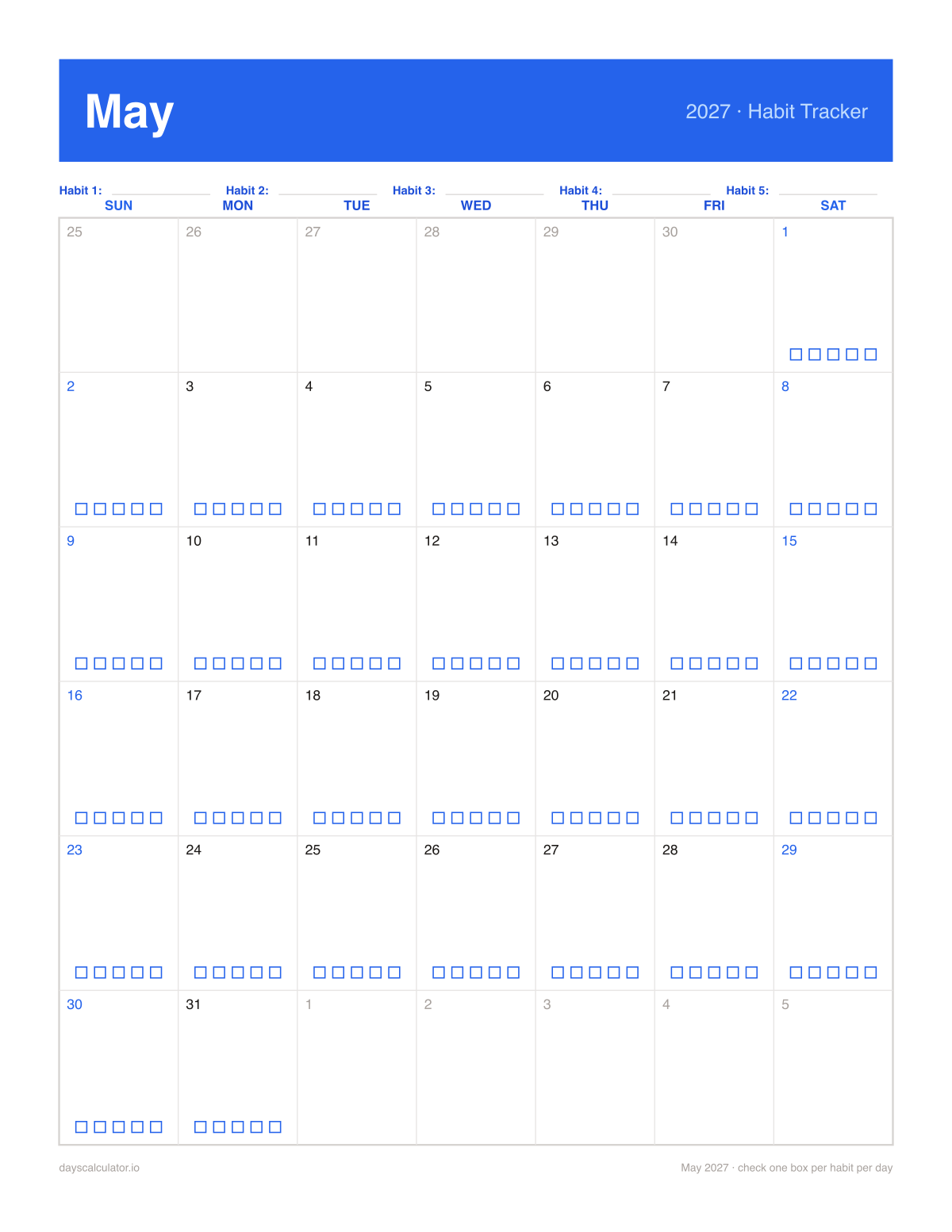 May 2027 printable habit tracker calendar with five checkboxes in each day