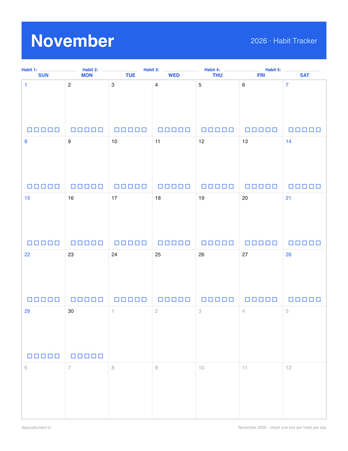 November 2026 printable habit tracker calendar with five checkboxes in each day