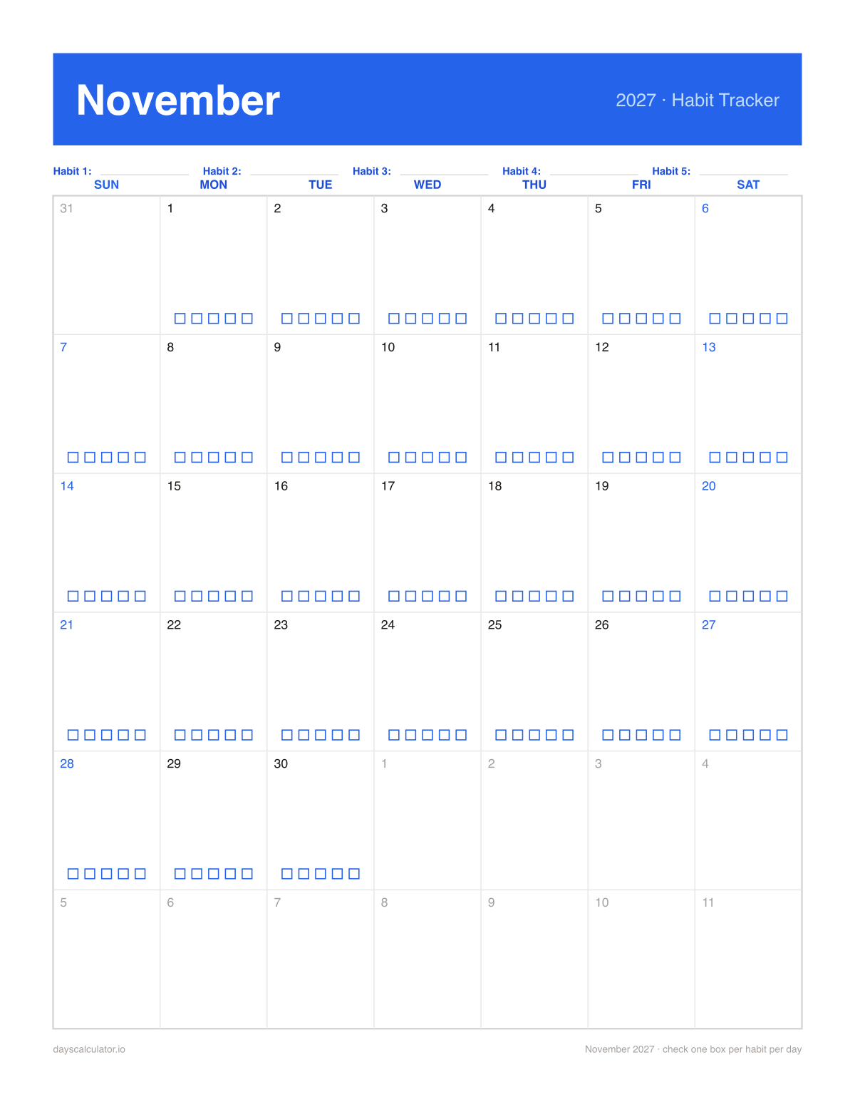 November 2027 printable habit tracker calendar with five checkboxes in each day