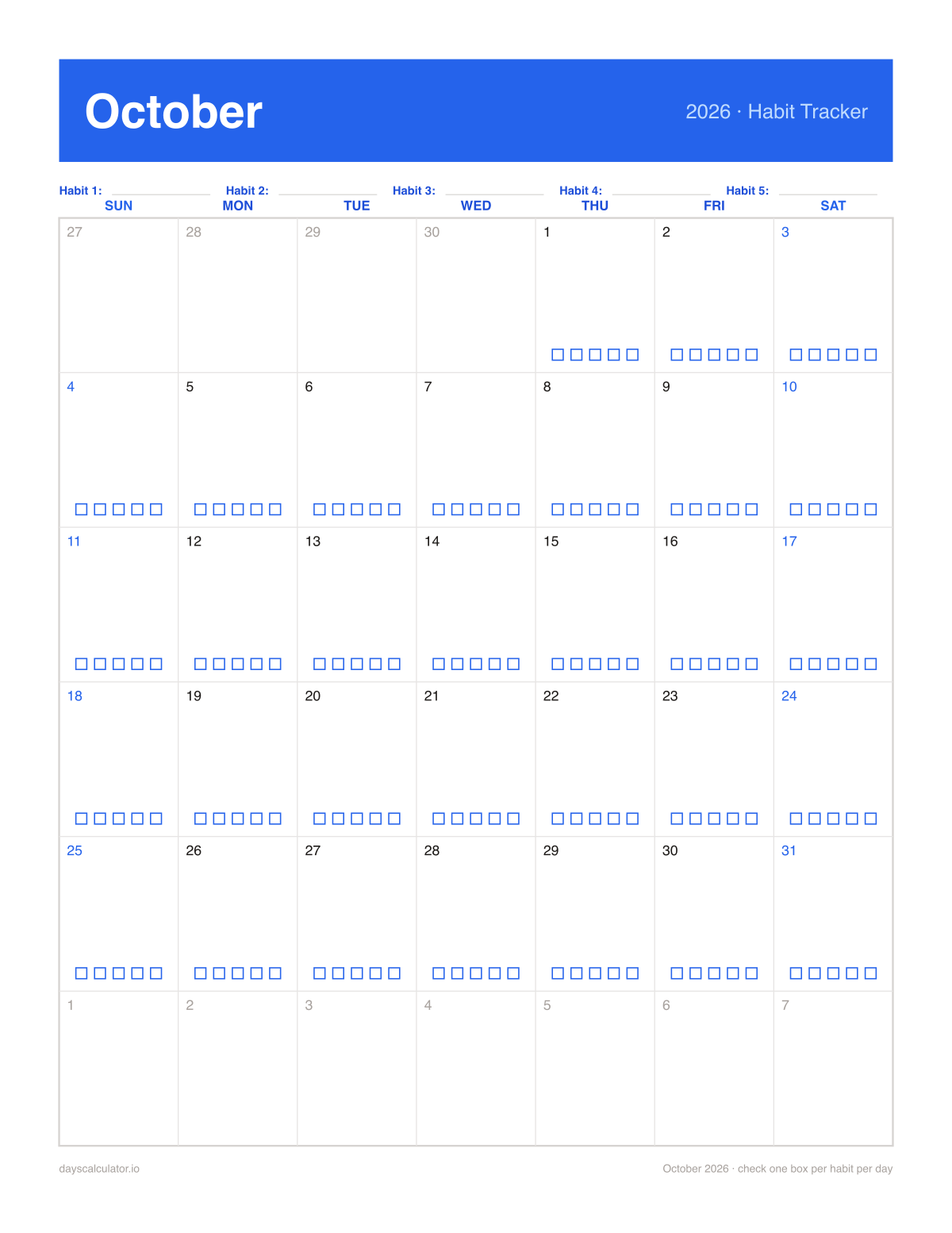 October 2026 printable habit tracker calendar with five checkboxes in each day