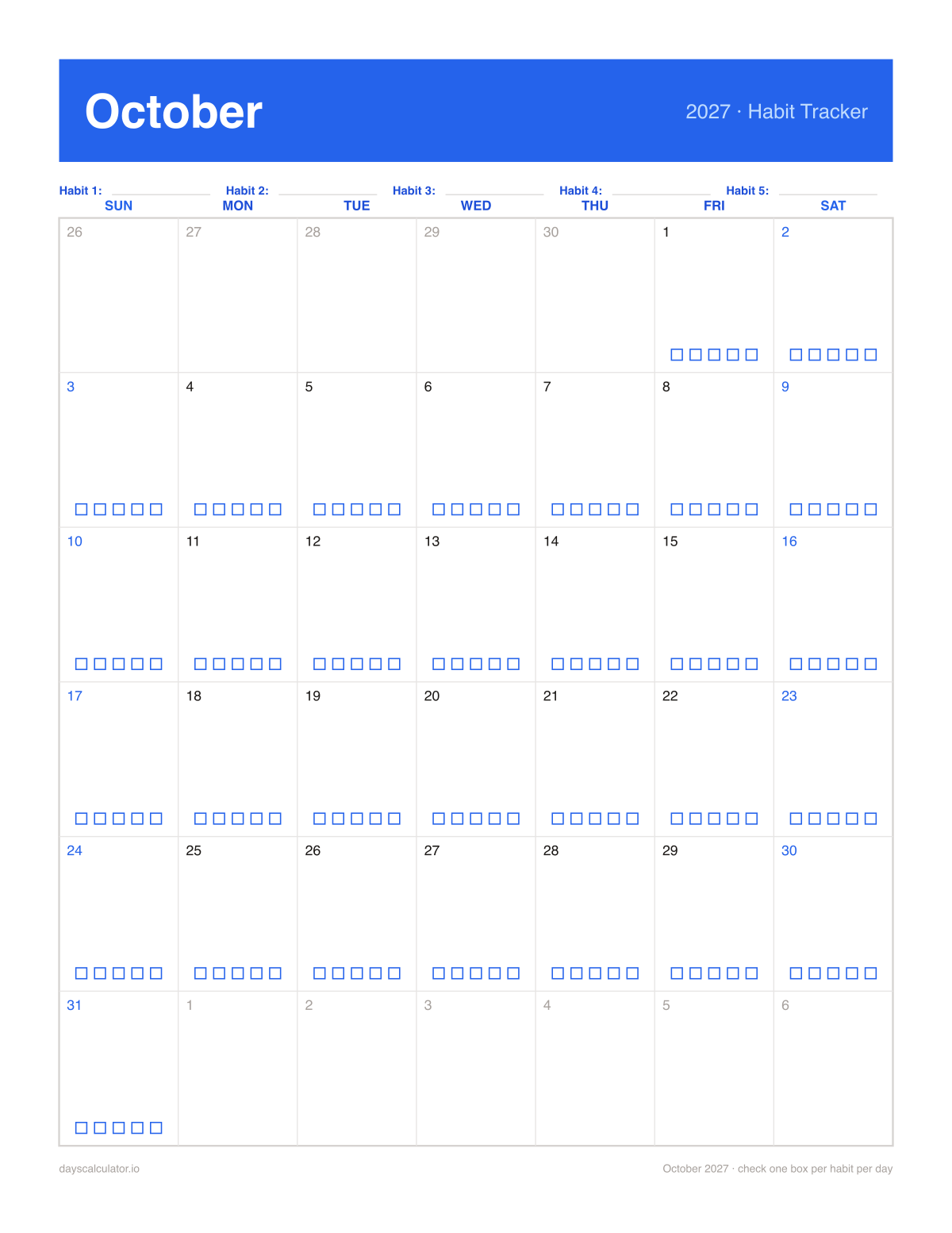 October 2027 printable habit tracker calendar with five checkboxes in each day