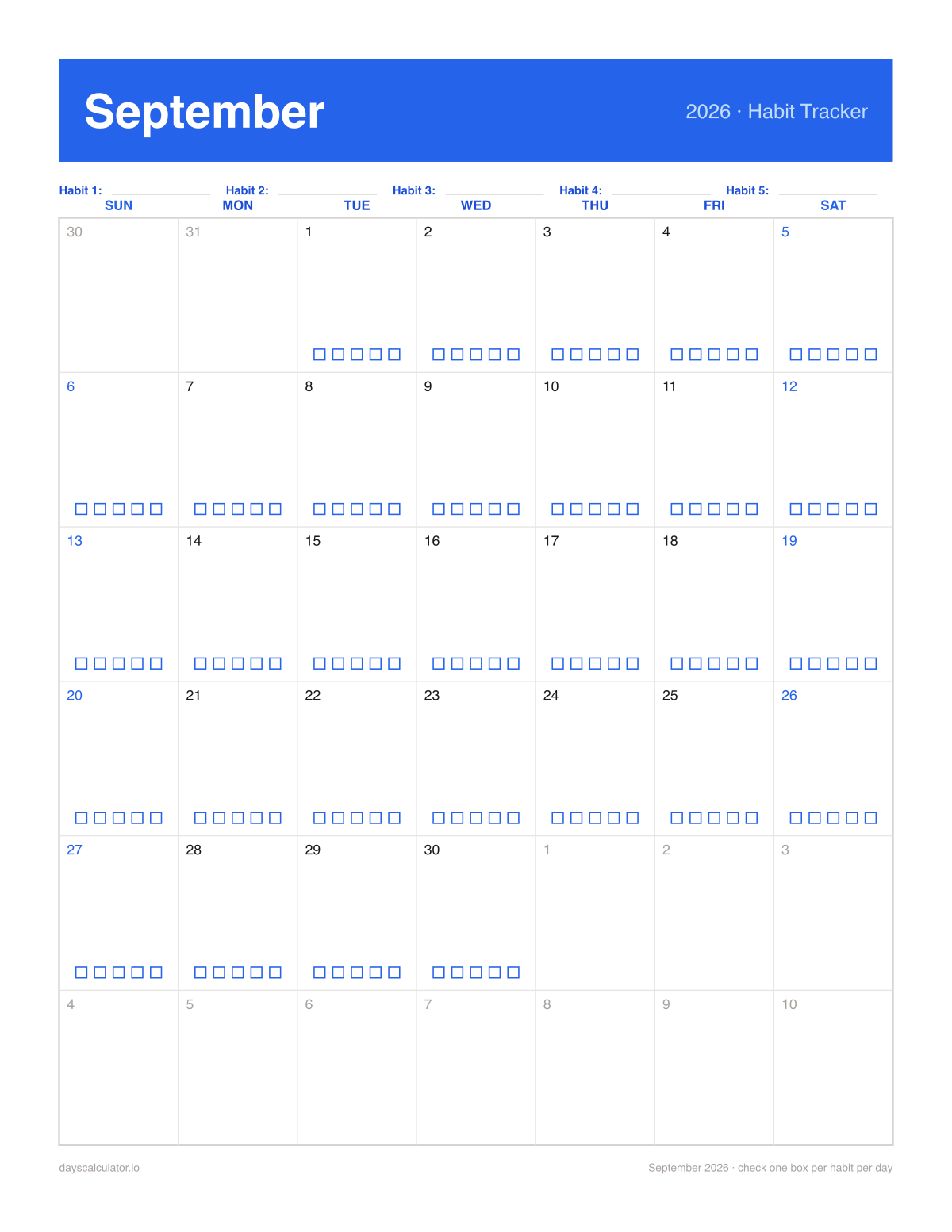 September 2026 printable habit tracker calendar with five checkboxes in each day
