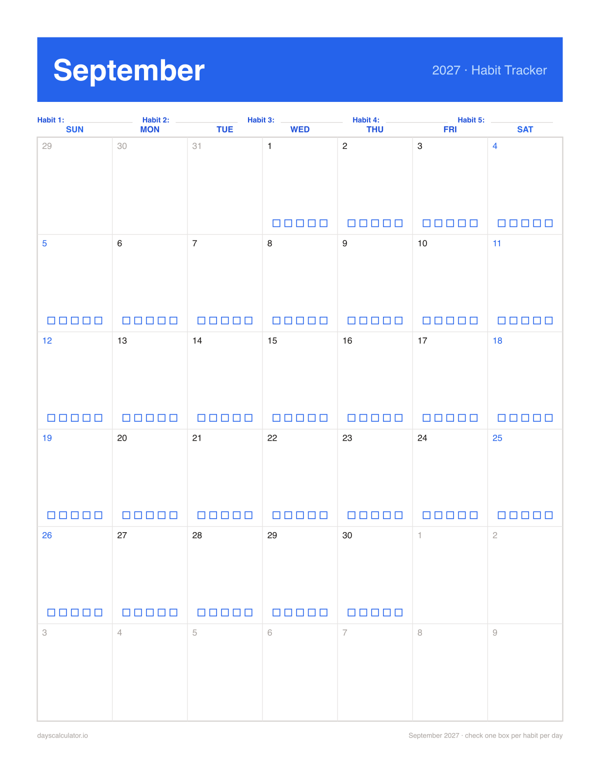 September 2027 printable habit tracker calendar with five checkboxes in each day