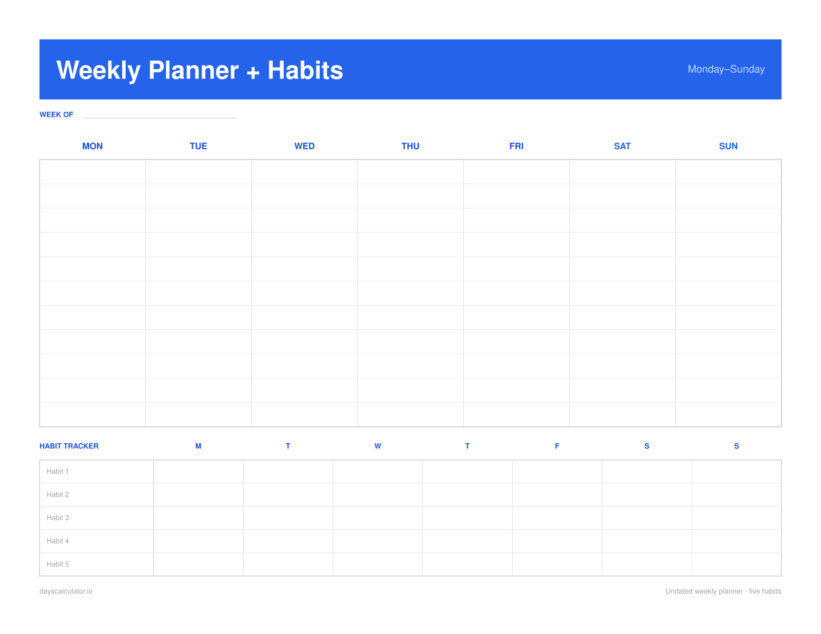 Printable weekly planner with seven days and a five-row habit tracker