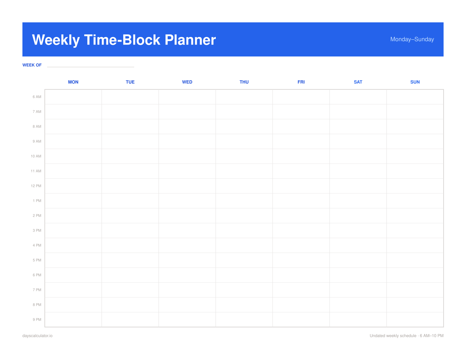 Printable hourly weekly schedule with seven day columns and time slots